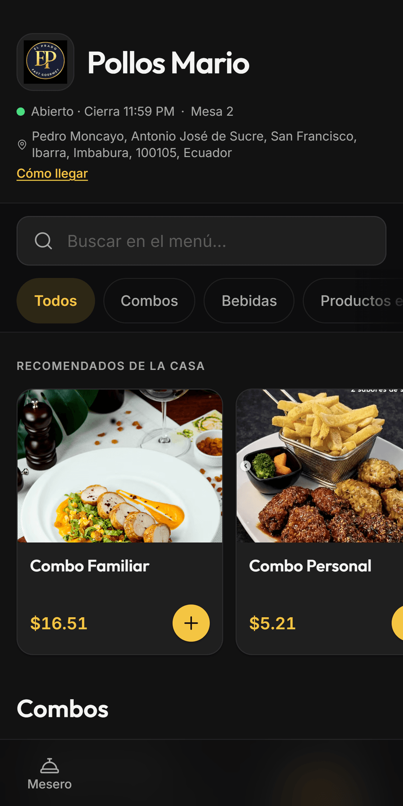 El menú como lo ve el cliente en su teléfono, con fotos y precios